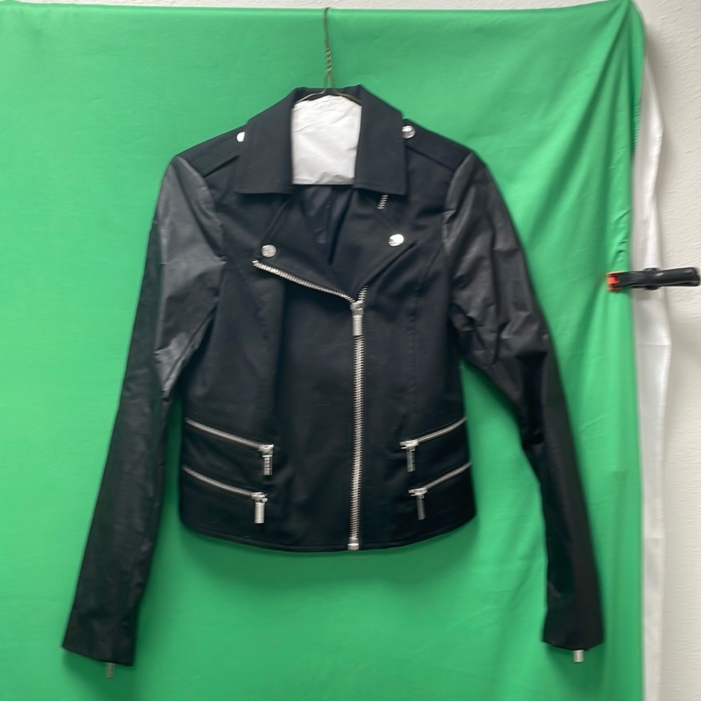 Black leather jacket, zipper up front great condition